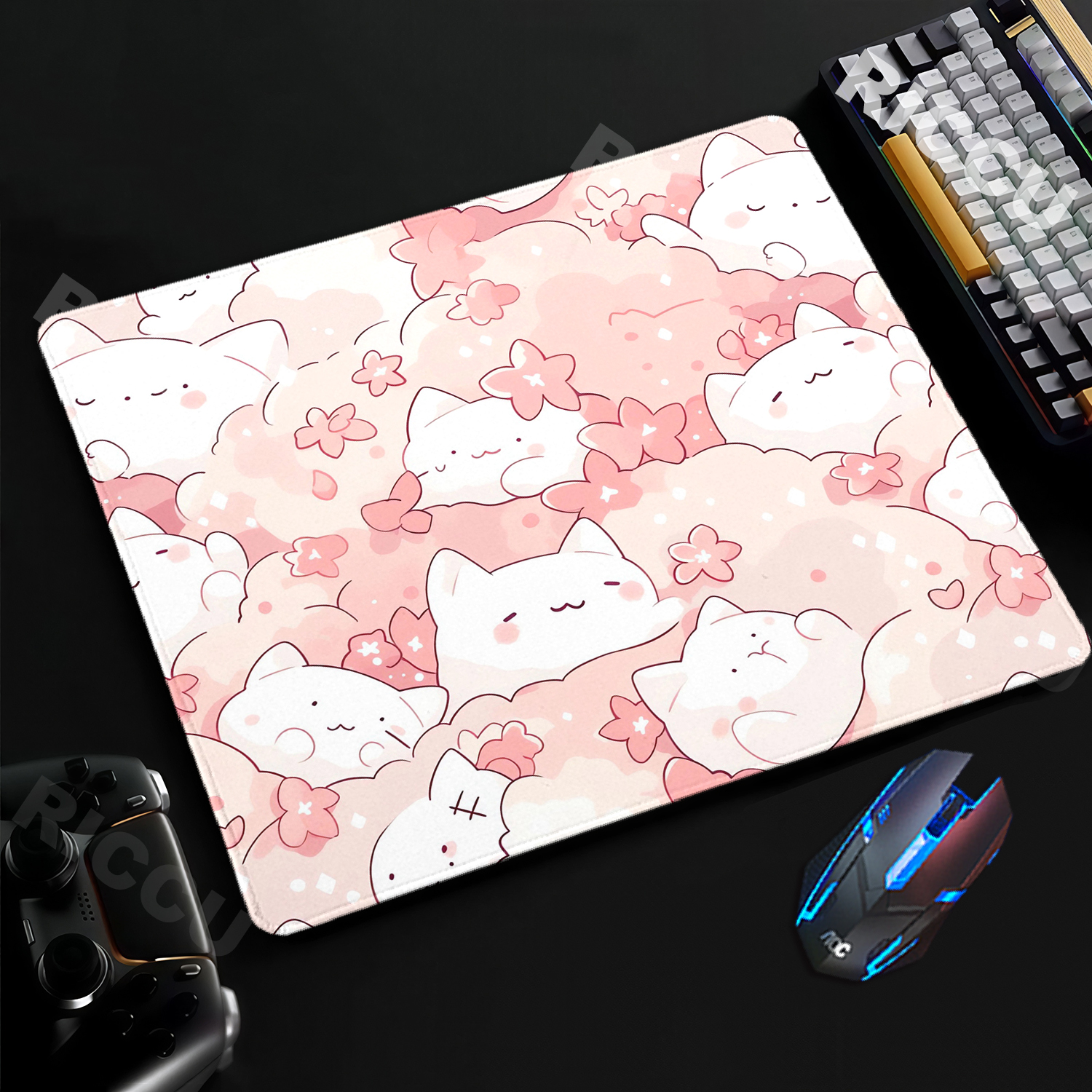 Pink Flower White Cat Mouse Pad Anime Cute Desk Mat Gamer Lock Edge Mousepad Playmat Carpet Non-Slip Micepad Office accessories