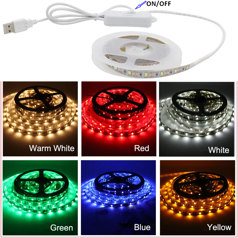 USB 5V LED Strip Lights 2835 Tape Lamp IP65 Waterproof IP20 50CM 1M 2M 3M 4M 5M with 304 Switch ON OFF for Desktop Screen Light