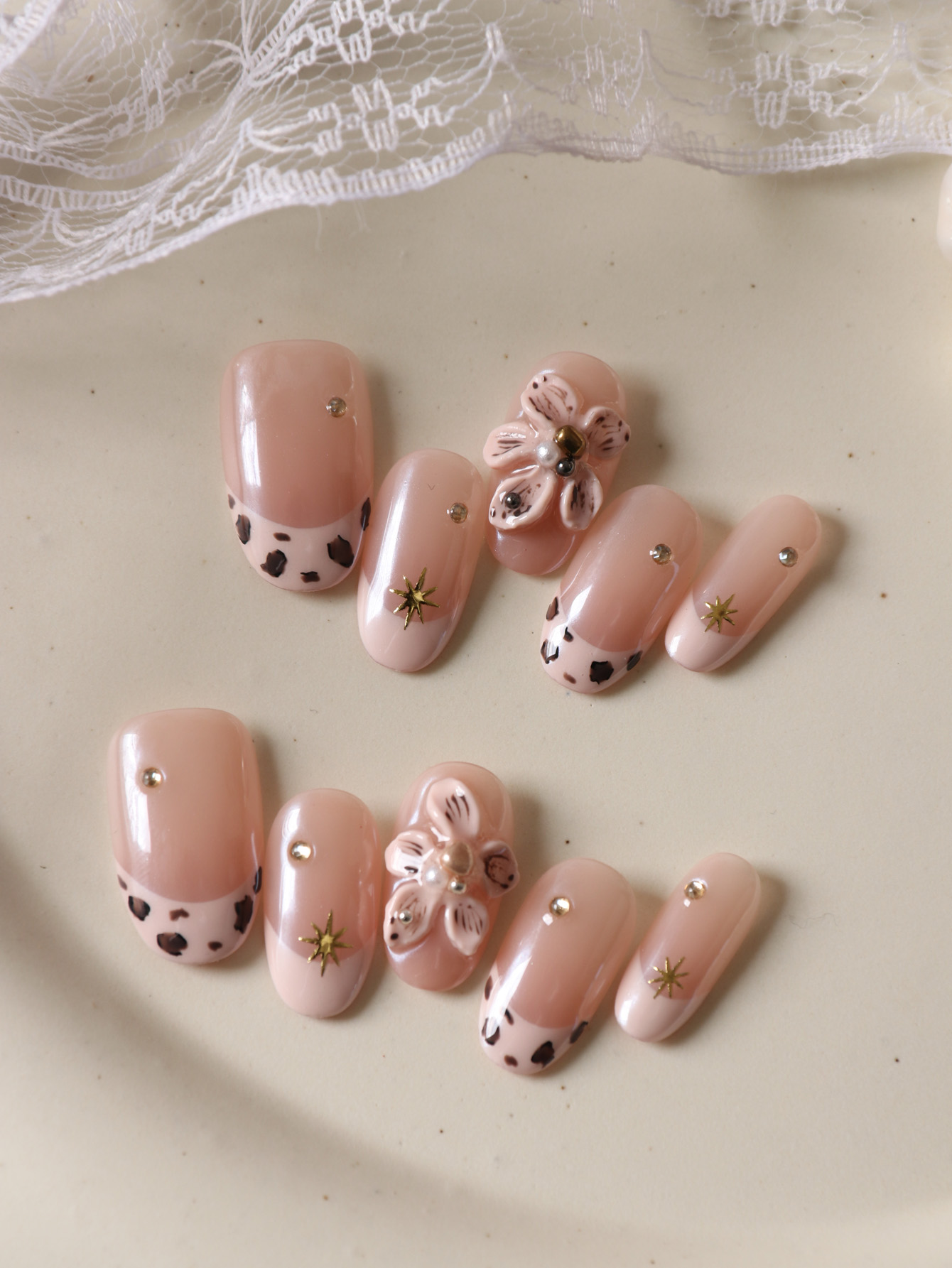 10Pcs Press on Nails Pink Flowers Leopard Print Fake Nails Includes 1 Sheet of Adhesive Tabs & 1 Pc Mini File