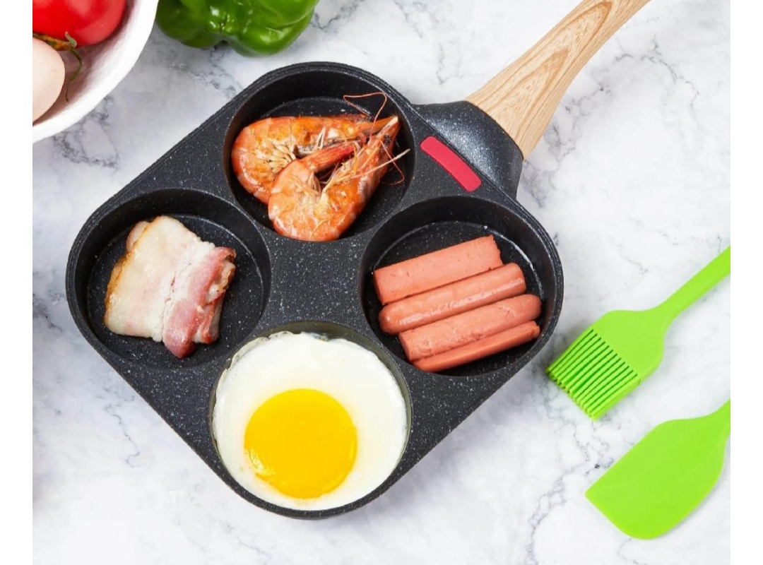 4-Section Non-Stick Breakfast Frying Pan with Wooden Handle (Egg, Omelet & Bacon Pan)