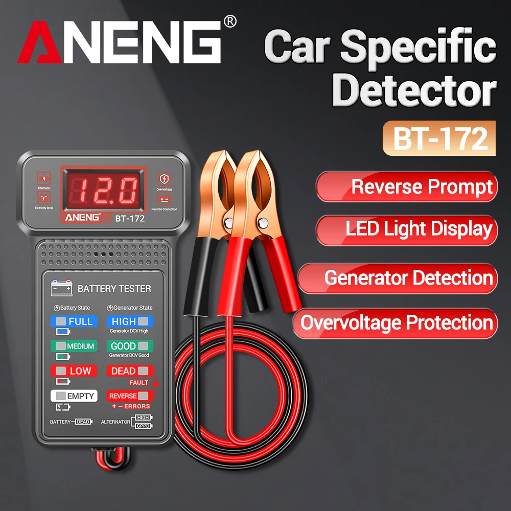 ANENG BT-172 12V Digital Battery Tester Car Battery Indicator with Alligator Clips LED BatteDigital Display Alligator Clips Tool
