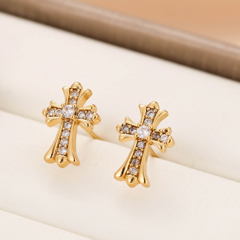 1 Pair Classic Zircon Coffin Cross Stud Earrings Copper Material Durable Fashionable And Versatile