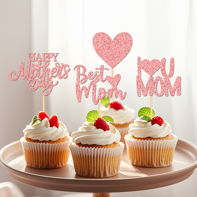 YOMDID 24Pcs Glitter Mother's Day Cake Toppers Happy Cupcake Picks Mothers Day Best Mom I Love You Mom Birthday Cake Decorations