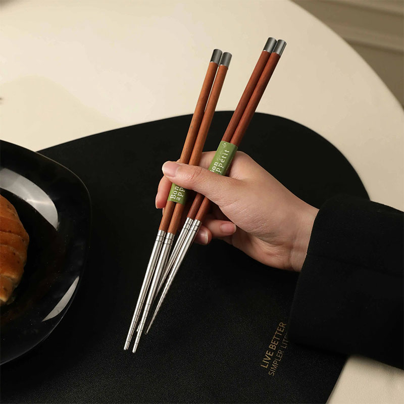2/5 Pairs Non-slip 304 Stainless Steel and Wooden Spliced Chopsticks Chinese Reusable Sushi Chop Sticks Set Kitchen Tableware