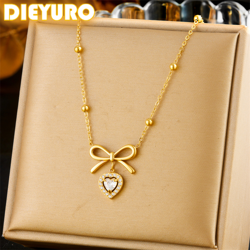 DIEYURO 316L Stainless Steel Golden Bowknot Heart White Zircon Necklace For Womens New Trend Bow Love Neck Jewelry Party