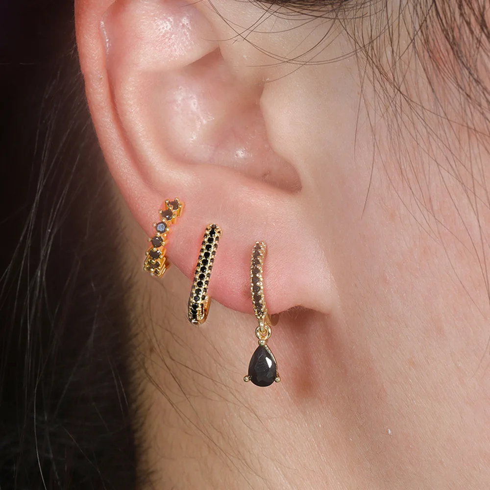 3PCS Fashion Stainless Steel U-shape Hoop Earrings Set for Women Black Crystal Pendant Huggie Piercing Earring Women's Jewelry