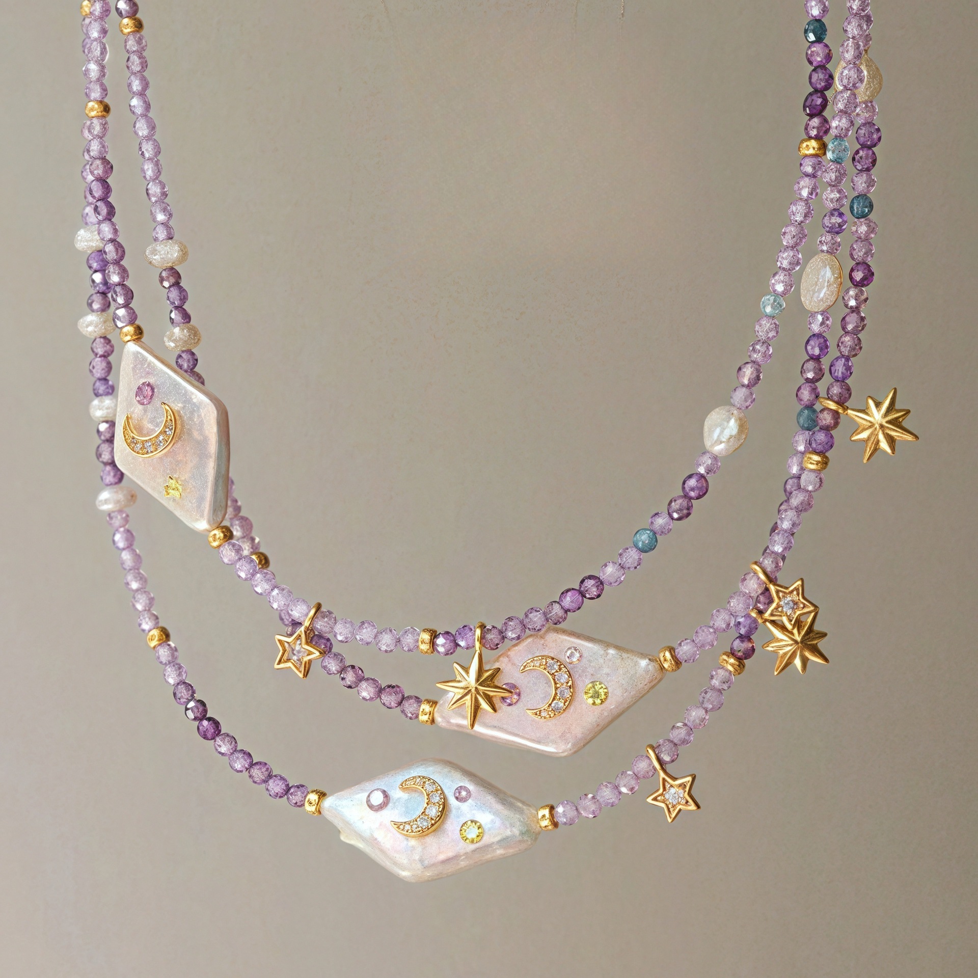 Natural moon and star purple beaded chain, fresh and elegant, fashionable accessory