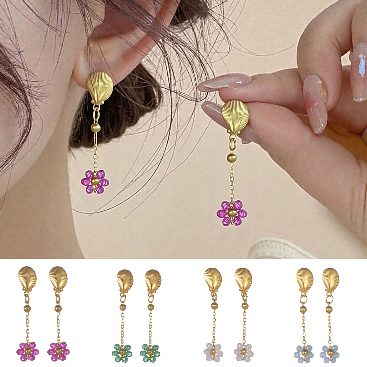 New Trendy Stainless Steel 18K Gold-plated Shell Crystal Colorful Flower Women Earrings Cute Sweet Summer Ocean Jewelry s