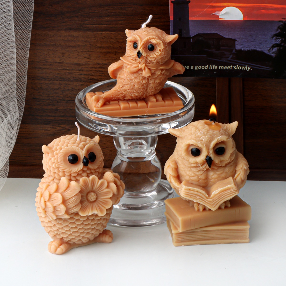 3D Reading Owl Animal Candle Mold Cute Keyboard Flower Owl Silicone Mold for Cake Decorating DIY Aromatherapy Plaster Wax Mold