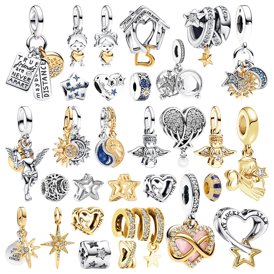 New Sparkling Star Sun Moon Charms Lucky Star & Heart Angel Cupid North Star Beads Fit Original Bracelets DIY Women Jewelry