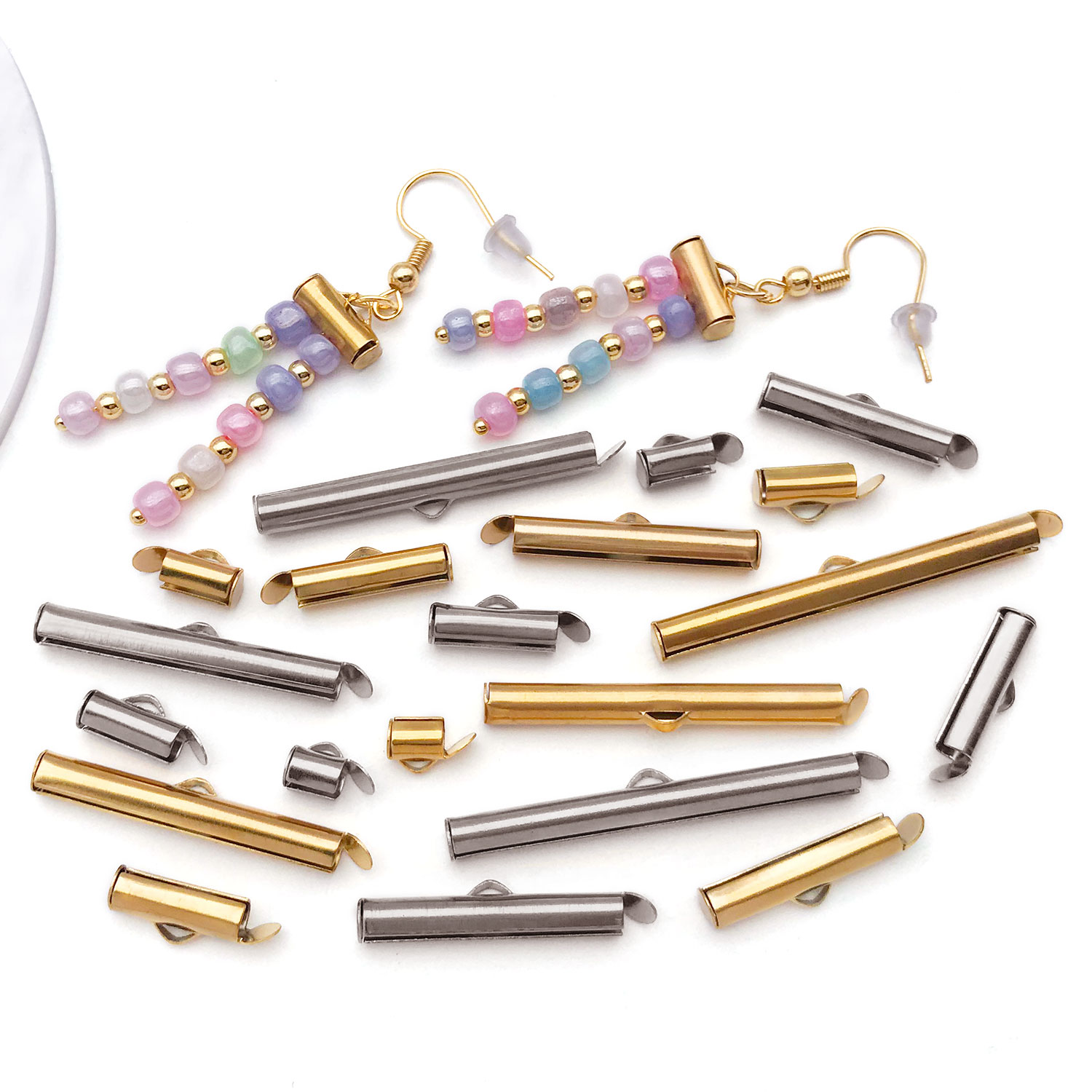 5pcs Stainless steel Crimp End Caps Slider Clasps Tube Slider End Caps Connectors For DIY Jewelry Making Accessories