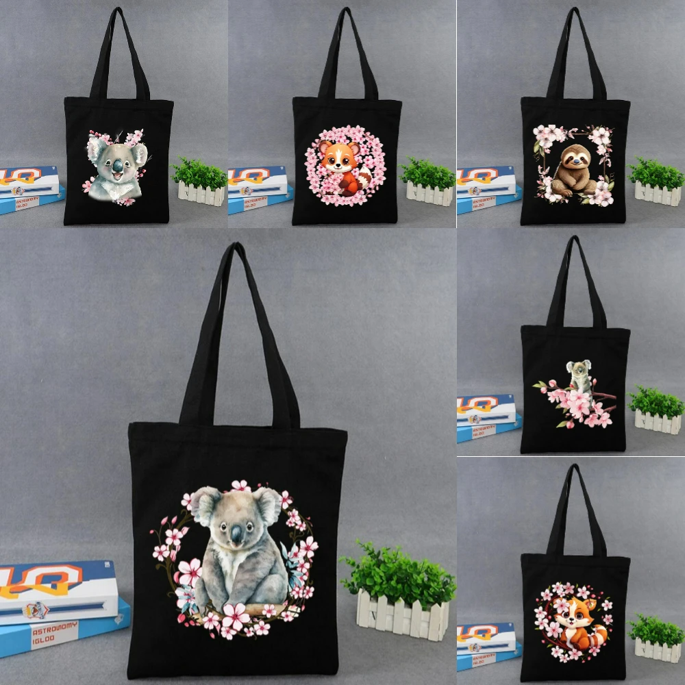 1pc Stylish Ailurus Fulgens Sakura Koala Print Black Tote Bag Eco Friendly Spacious Bag School Travel Yoga Bag Daily Use