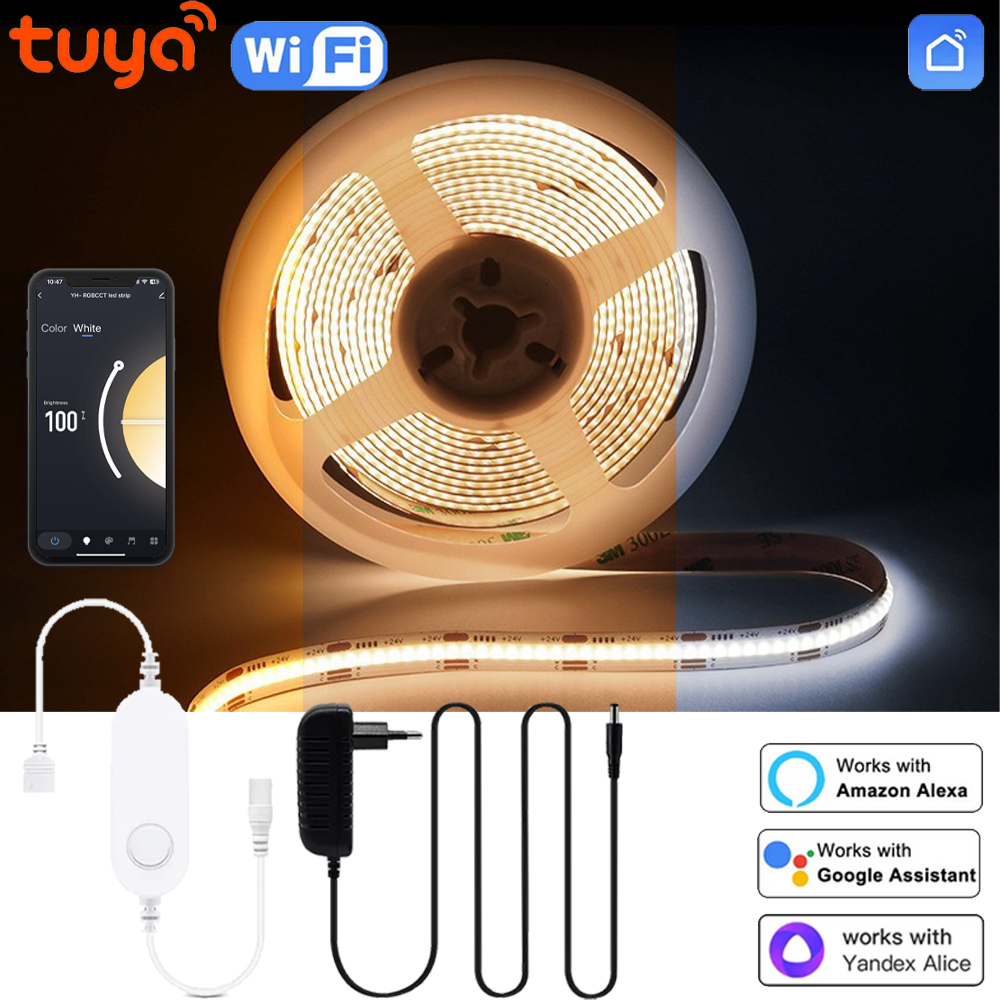 Tuya Smart WiFi Switch COB CCT LED Strip Light 24V 1-5M Dimmable Cupboard Lamp LED Tape for Room Kitchen Decor for Alexa