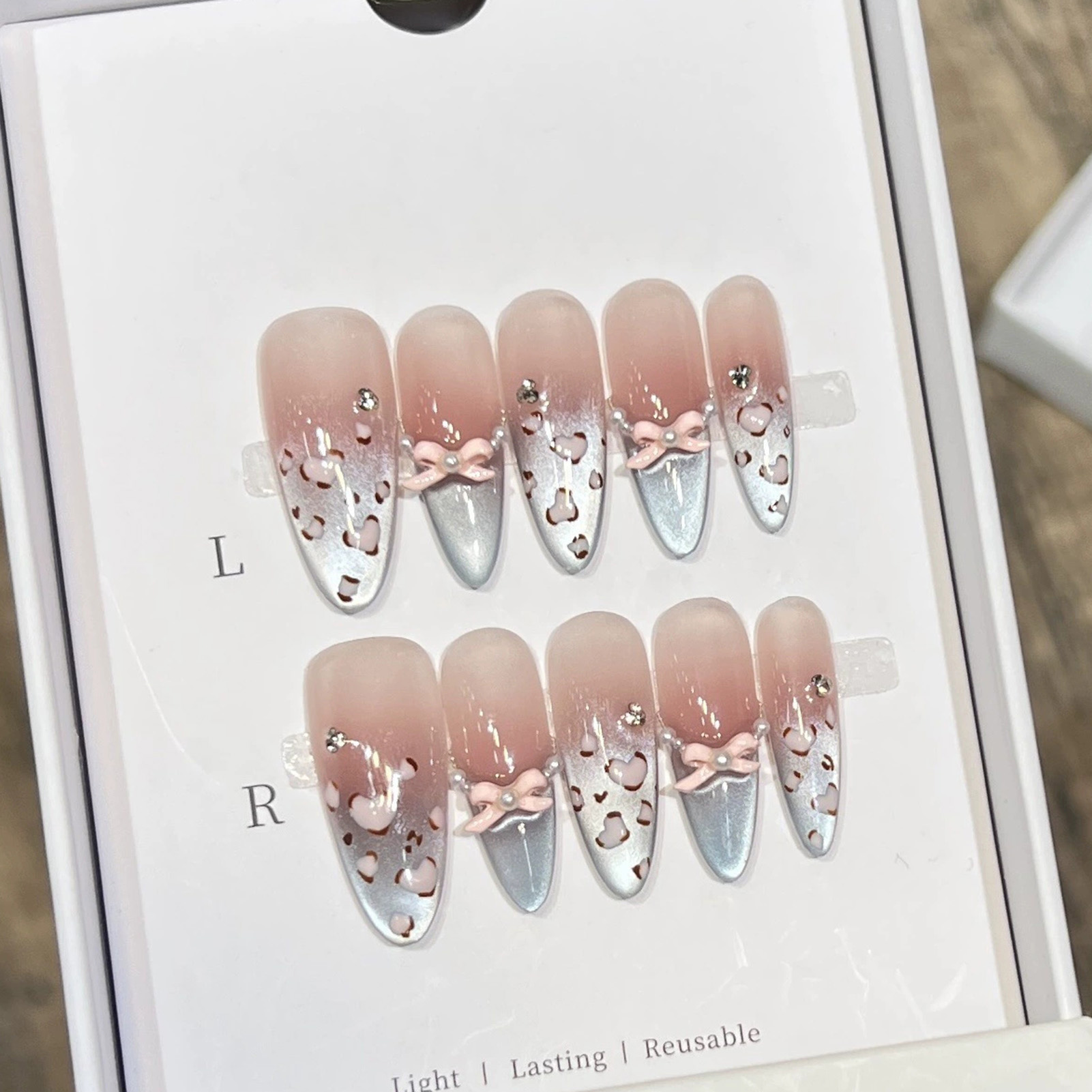 10pcs Long Almond Pink Leopard Print Flower Blush French Cat Eye Bow Resin Fake Nails for Parties Wedding DIY Manicure