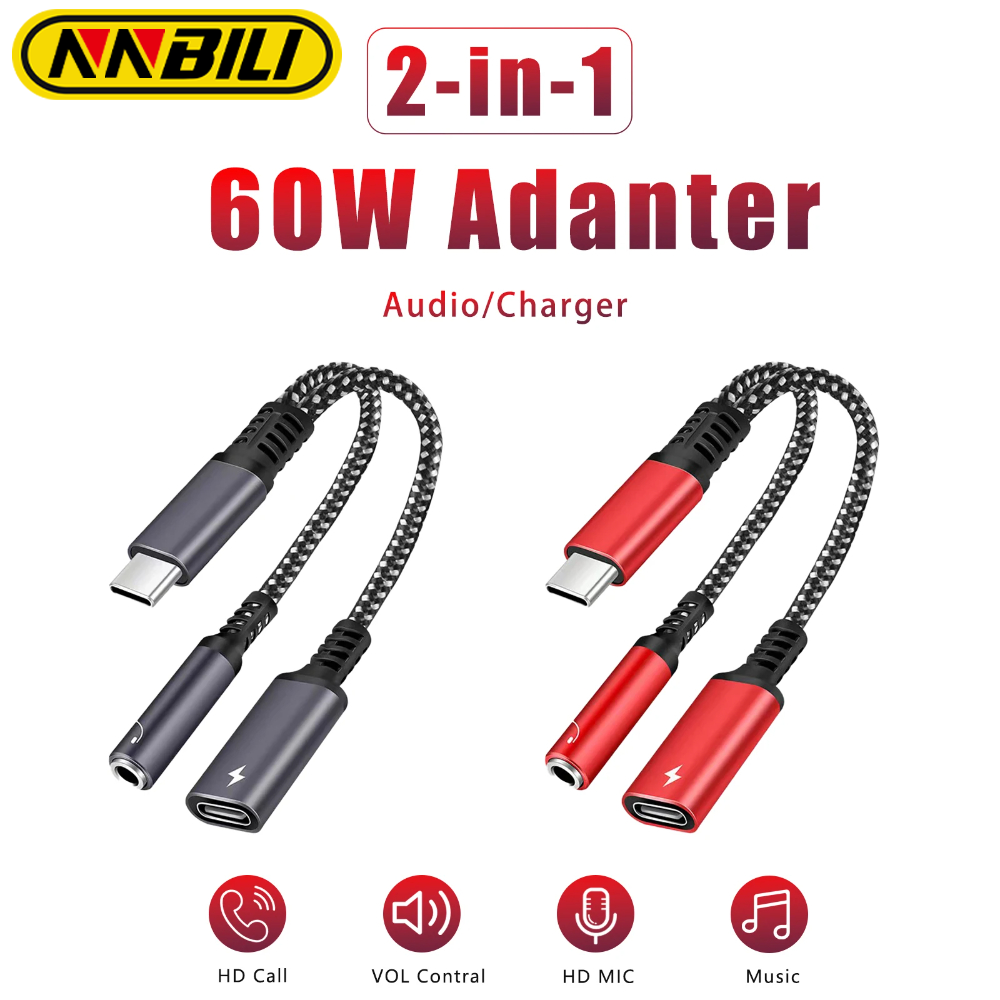 NNBILI PD 60W OTG 2 IN 1 USB C Splitter to Dual Type USB C to 3.5mm Headphone and Charger Adapter for