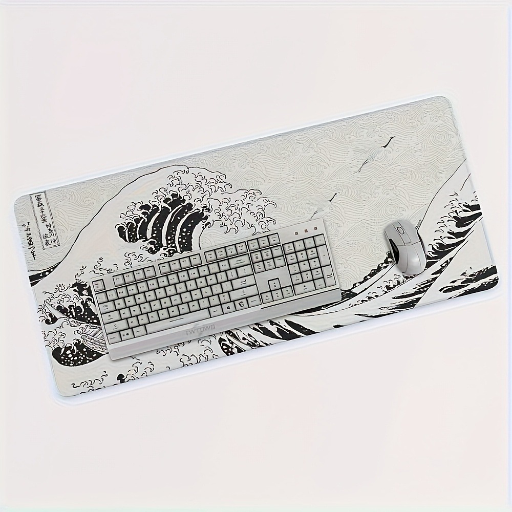 Black White Wave Art XXL Desk Mat | Soft Aesthetic Rubber Base Gaming Mouse Pad for PC Laptop Office Setup