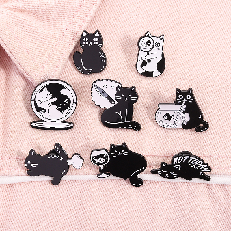 Cute Black Cat Enamel Pins Not Today Sleep Kitten Magnifying Glas Naughty Cats Aniaml Brooches Lapel Badge Funny Jewelry
