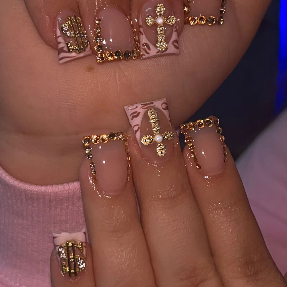 Upgrade Your Look with 24pcs Y2K Long ducknails 3D Cross with rhinestone decoration design French Tip Press On Nails Long Fit Pe