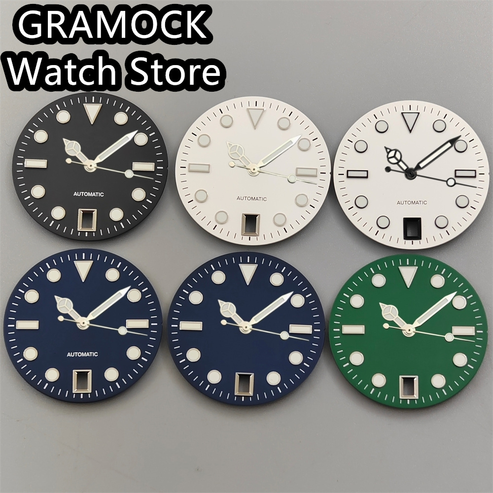 GRAMOCK 29mm Watch Dial With Hands Set Green Luminous 6 o 'clock Date Window Silver/Black Edge Index Fit NH35 Movement