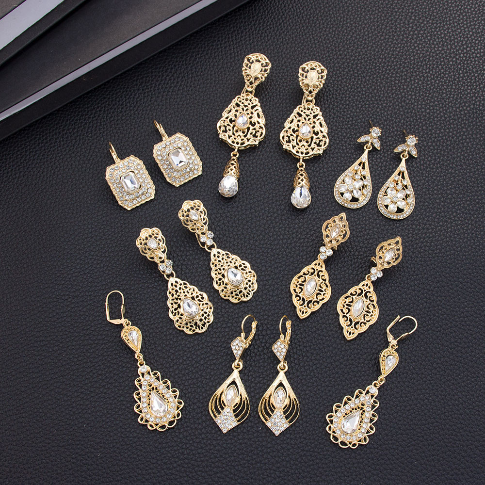 New Gold Color Women Earring Arabic Morocco Bridal Jewelry Long Eardrop Ethnic Rhinestones Bijoux