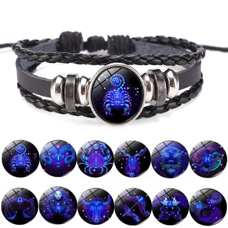 12 Constellation Zodiac Sign Charm Luminous Bracelets Men Women Vintage Multilayer Wrap Leather Bracelet & Bangle Birthday