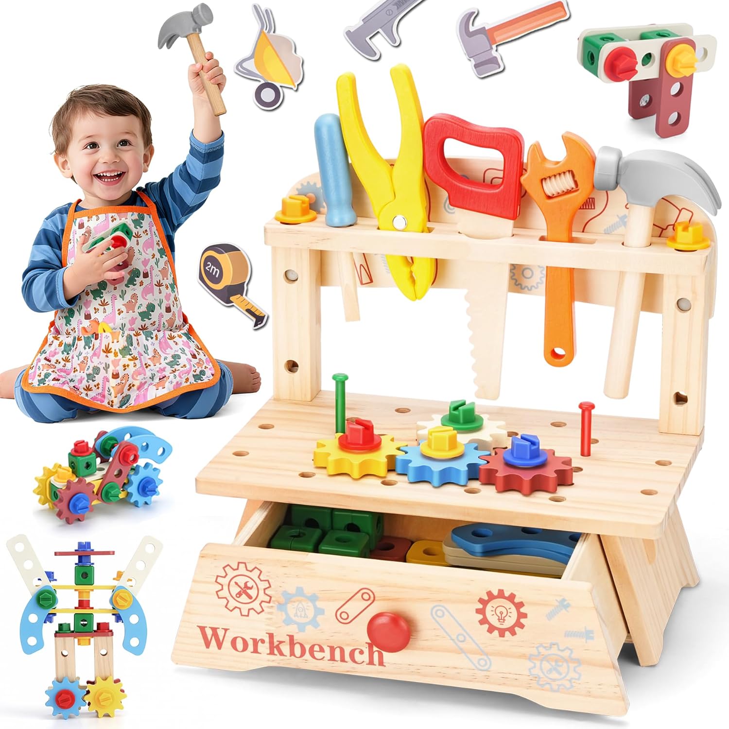 Wooden Tool Bench for Kids,Montessori Educational Pretend Play Construction Toy,Activity Construction Toy for Boys Girls