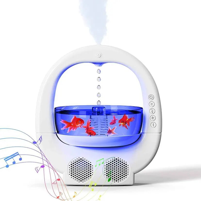 Anti-Gravity Humidifier with Fish Tank, 7 Color LED Lights, Bluetooth Speaker, Aroma Diffuser, Metal, Semi-Automatic, Transparent