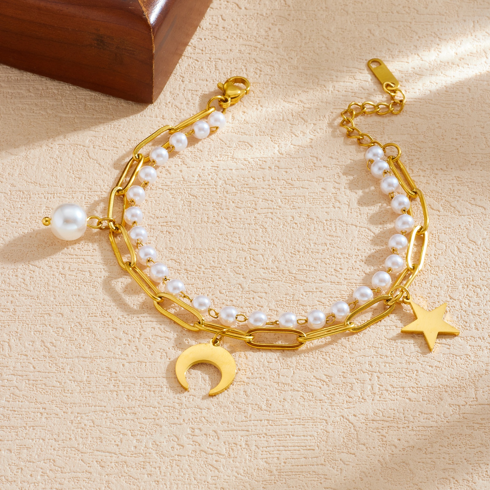 316L Stainless Steel Elegant Romantic Double Layer Star Moon Pearl Bracelet For Women Fashion New Jewelry Party