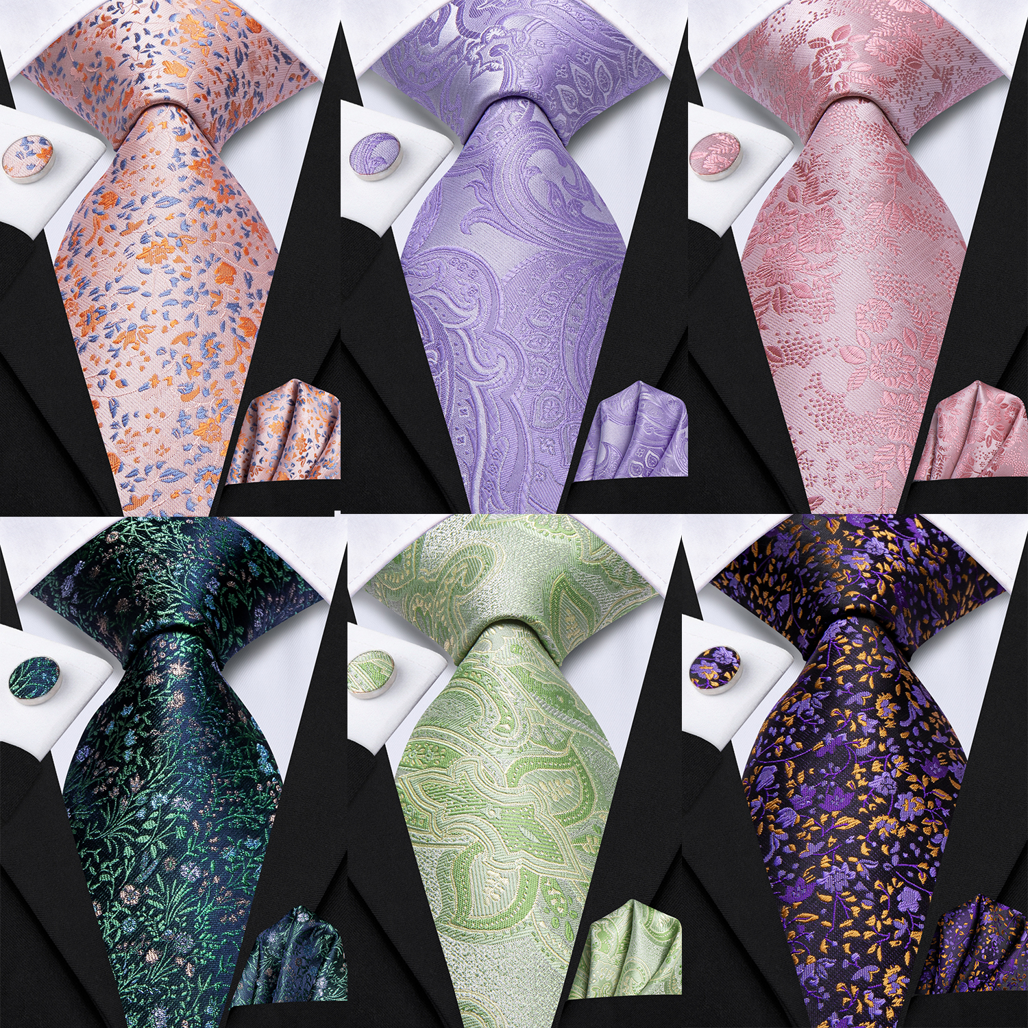 Hi-Tie Mens Pink Purple Green Floral Wedding Necktie Handkerchief Cufflinks for Tuxedo Accessory Classic Luxury Tie Man Gift