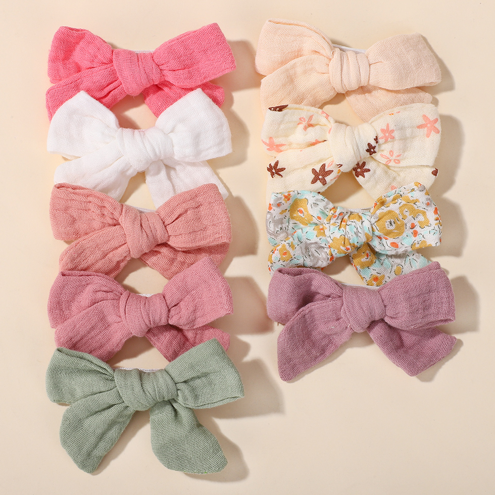 10Pcs/Set Soft Cotton Hair Clips for Kids Toddler Girls Cute Printed Bowknot Handmade Hair Accessories Wrapped Bow Hairpin