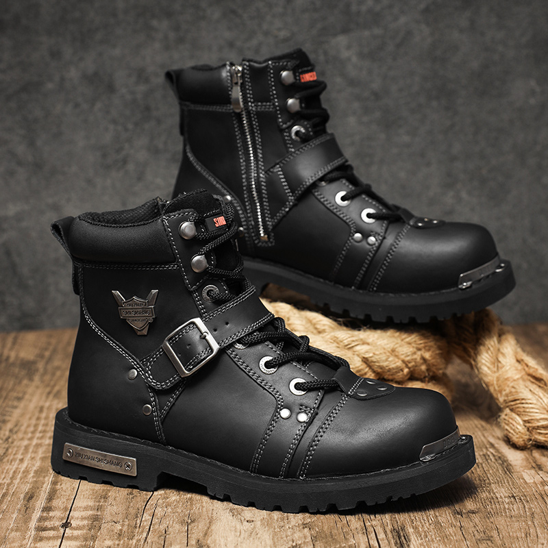 High Quality Men Snow Boots Metal Rivets Low Heel Trend Punk Rock Knight Boots Men's Leather Winter Cotton Shoes Motorcycle Boot