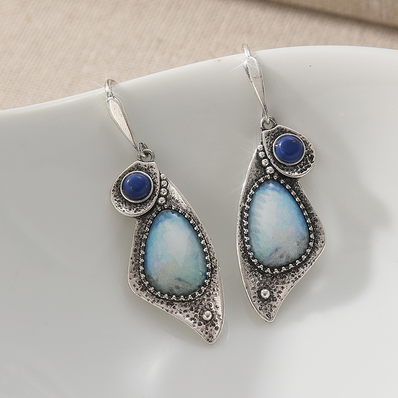 Vintage Silver Color Metal Geometry Inlaid Synthetic Stones Dangle Earrings Women's Casual Jewelry Accessories