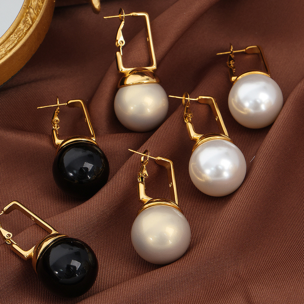 Simple Square Button Round Colored Bead Earring Retro Fashion Niche Personality Titanium Steel Plated 18kGold Earrings For Women