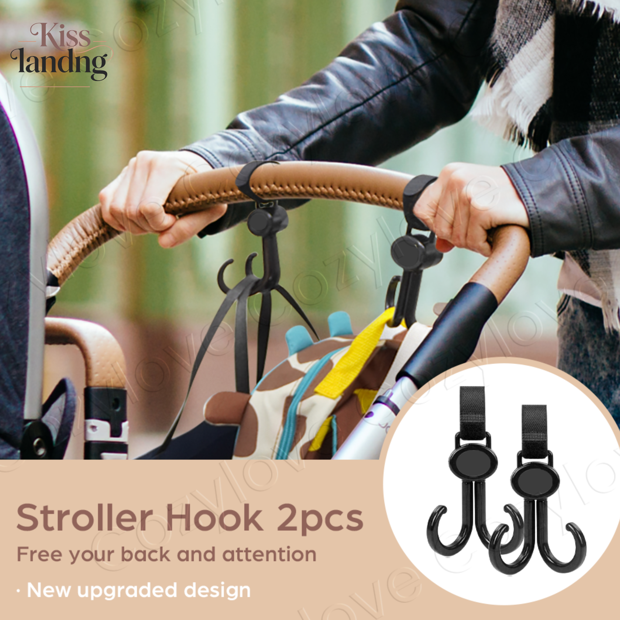 2pcs Stroller Hooks Universal Baby Pram Hooks 360° Rotatable Double Hooks for Diaper Bags & Shopping