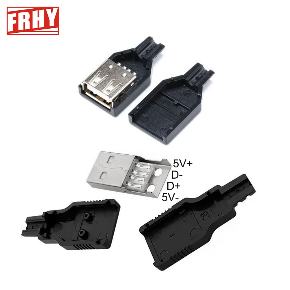 10 PCS Type-A USB Male to Female 4-Pin Connector DIY Kit - Black Plastic Housing, Plug & Socket Set