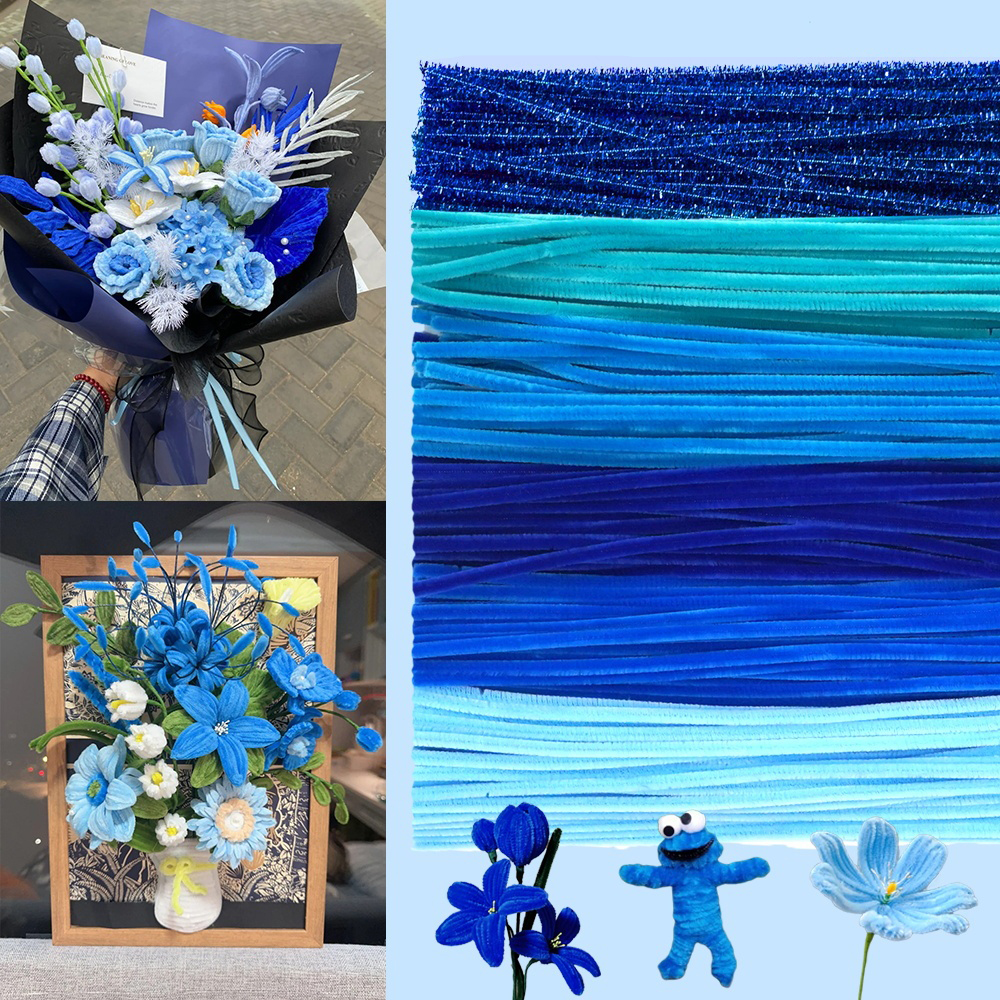 100/300 PCS 6 Colors Gradient Blue Pipe Cleaners Chenille Stems, Pipe Cleaners Craft, Pipe Cleaners Set for DIY Art and Craft