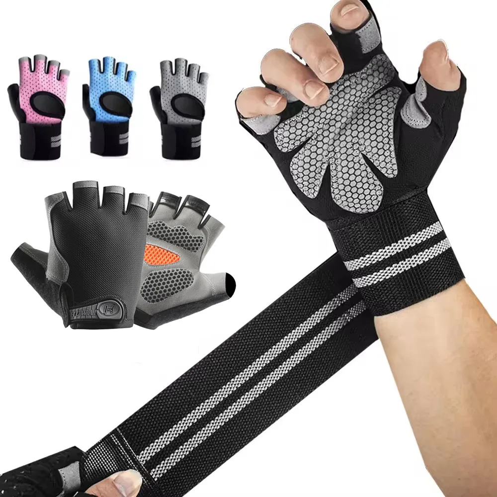 1Pair Half Finger Gym Fitness Gloves for Men & Women with Wrist Wrap Support Crossfit Workout Power Weight Lifting Equipment