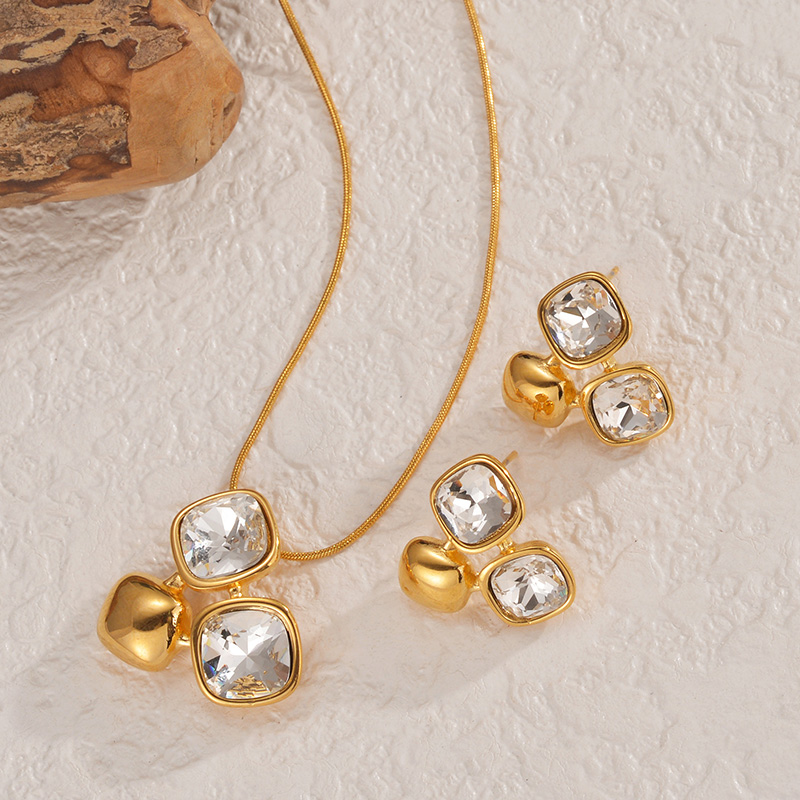 Kissmoon Stainless Steel Gold Color Simple Square Zircon Necklace Earing Set for Women Girl Party Brithday Jewelry Gifts