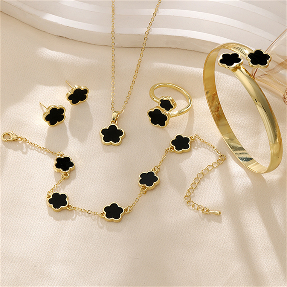 Five Piece Set Five-leaf Clover Multi-Color Set Bracelet Ring Necklace Earring Women Couple Holiday Set Party Daily Jewelry