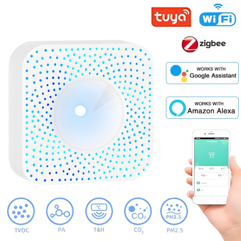 Tuya WIFI/Zigbee Smart Air Quality Monitor Box VOC HCHO PM2.5 Gas Detector Temperature Humidity Meter 6 IN 1 Air Housekeeper