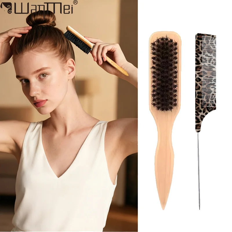 1/2 pcs Boar Bristle Hair Brush for Smooth Frizz Professional Styling for Sleek Ponytail Bun Edges Round Brush for Shine Shaping
