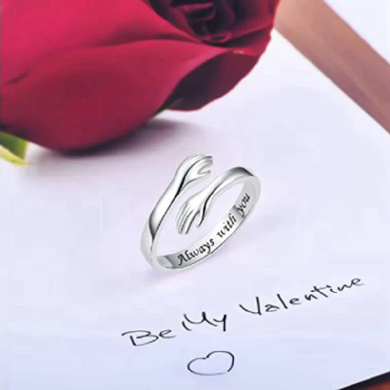Lettering Silver Color Warmly Embraced Love Hug Open Ring for Women Creative Hands Embracing Adjustable Valentine's Day Jewelry