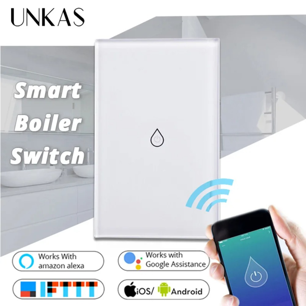 UNKAS Smart Home Alexa Echo Home Wifi Water Heater Switch Tuya APP Remote Control Boiler Led Light Touch Outlet