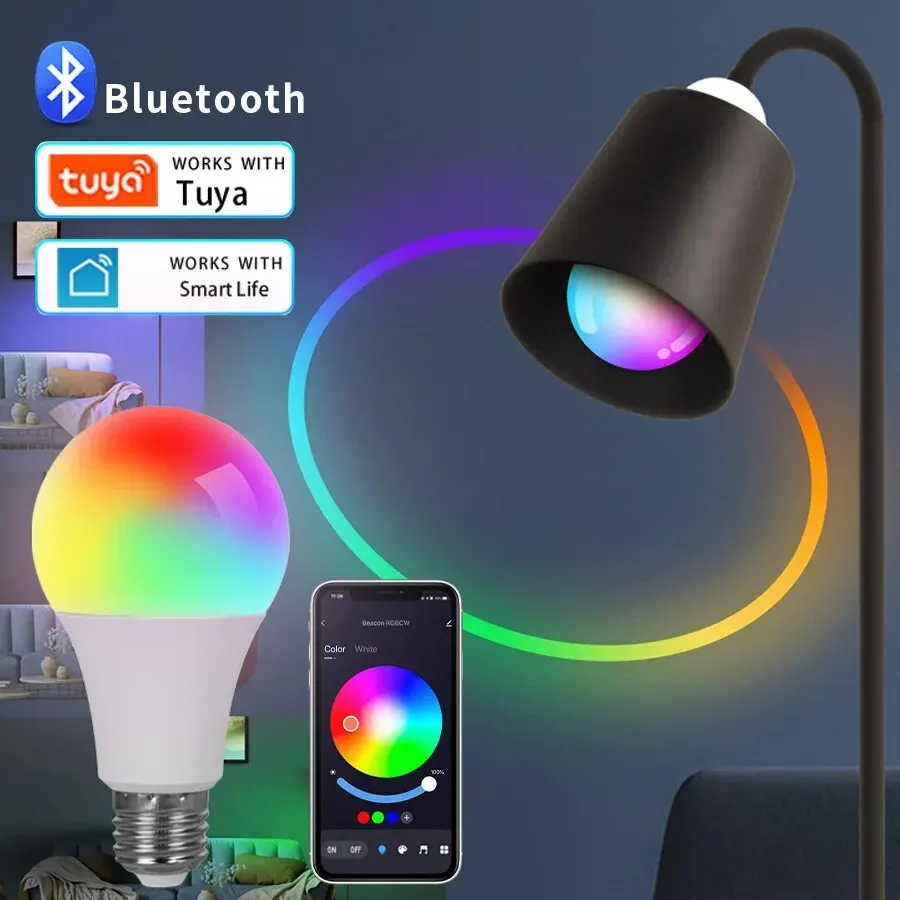Tuya Wifi E27 LED Lamp RGB CW WW 15W Bluetooth LED Light Bulb Works with Alexa Home for Smart Life Decoration