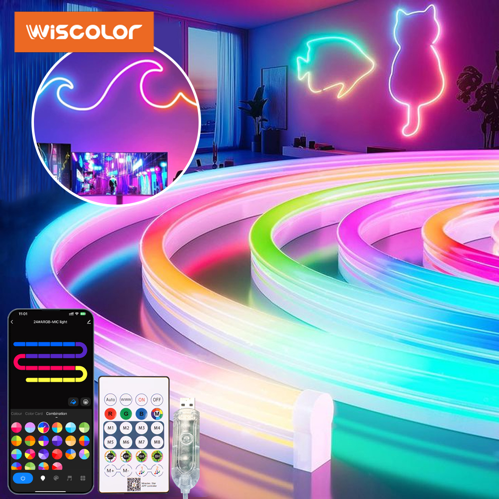Wiscolor 5V USB LED RGB Flexible Neon Strip Light Waterproof Silicone 1/2/3/5m With APP and Remote Control For Room DIY Decor