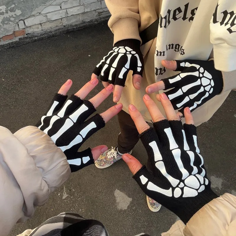 Halloween Skull Gloves Lightweight Half Finger Skeleton Cycling Gloves Costume Cosplay Equipment Accessories for Men Women