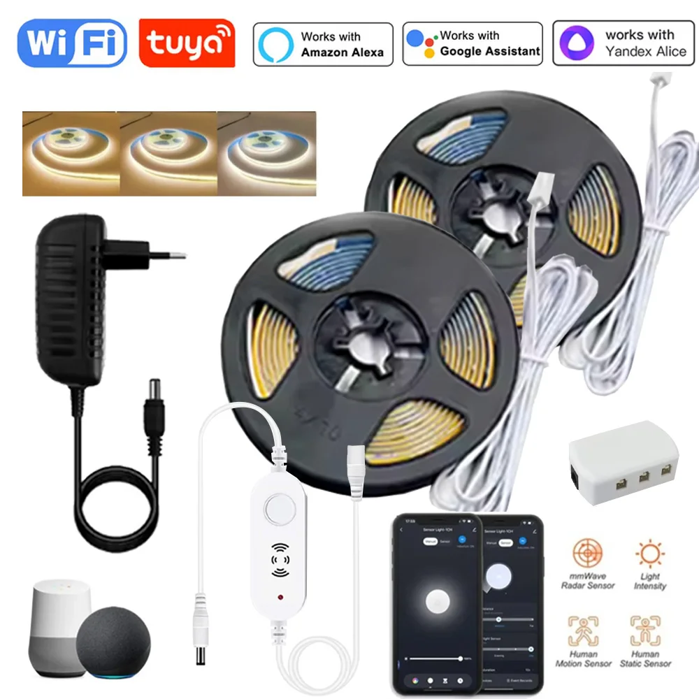 Tuya Wifi 12V Flexible COB LED Strip Lights With Microwave/Motion Sensor Switch Dimmable 1/2m Roll 320led/m Voice/APP Control