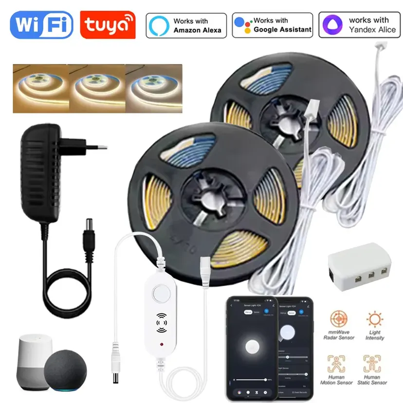 Tuya Wifi 12V Flexible COB LED Strip Lights With Microwave/Motion Sensor Switch Dimmable 1/2m Roll 320led/m Voice/APP Control