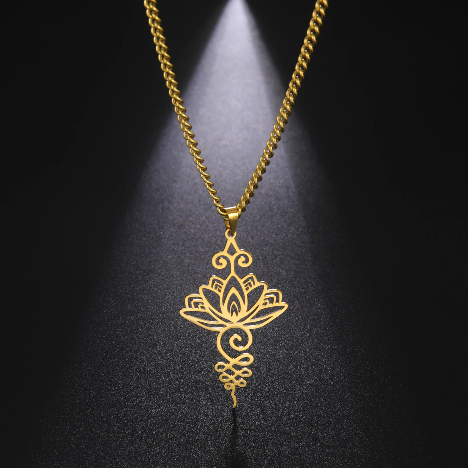Skyrim Lotus Flower Crescent Moon Turquoise Pendant Necklaces Women Stainless Steel Amulet Buddhist Jewelry Birthday