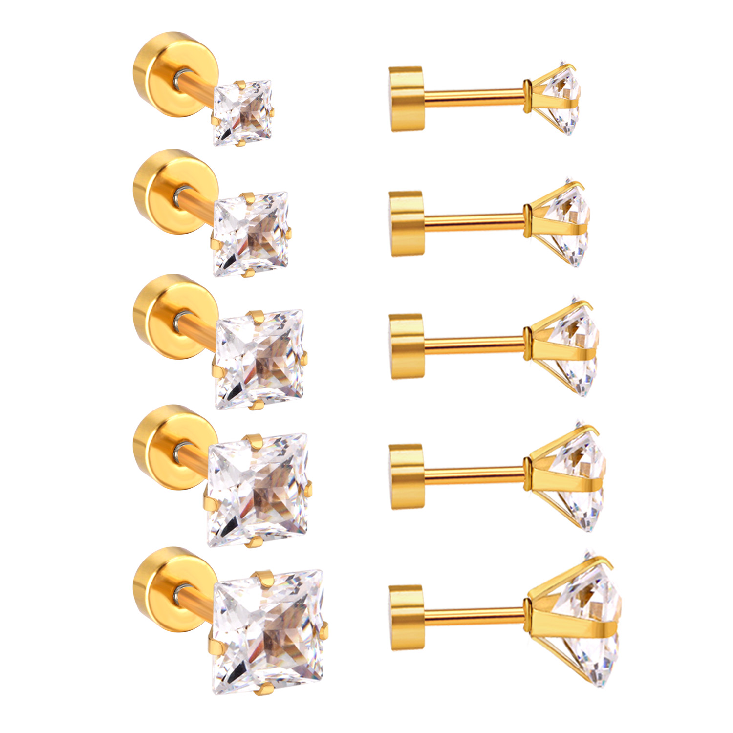 5Pair/Box 3-7mm Cubic Screw Stud Earrings For Women Men Stainless Steel Square Round Crystal Piercing Earrings Jewelry Gifts